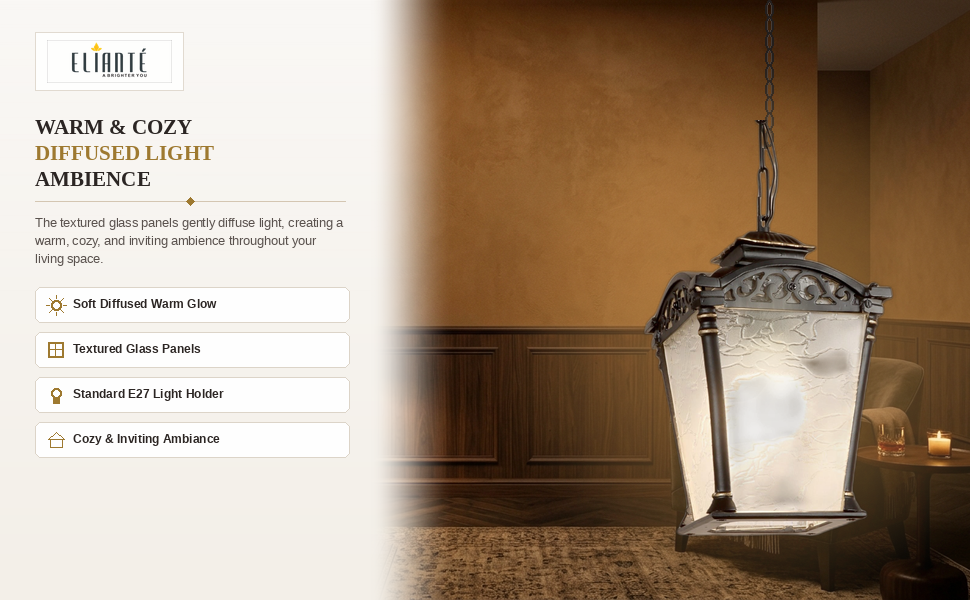 ELIANTE Vintage Lantern Style Black Iron Hanging Light with E27 Holder for Living Room Bedroom
