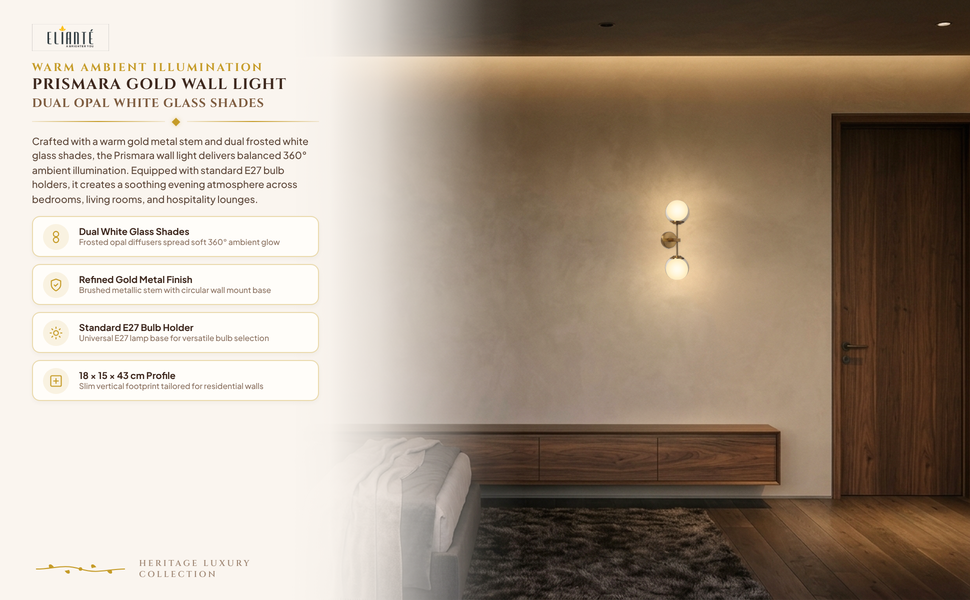 ELIANTE Prismara Gold Wall Light with White Glass Shade Ambiance Panel