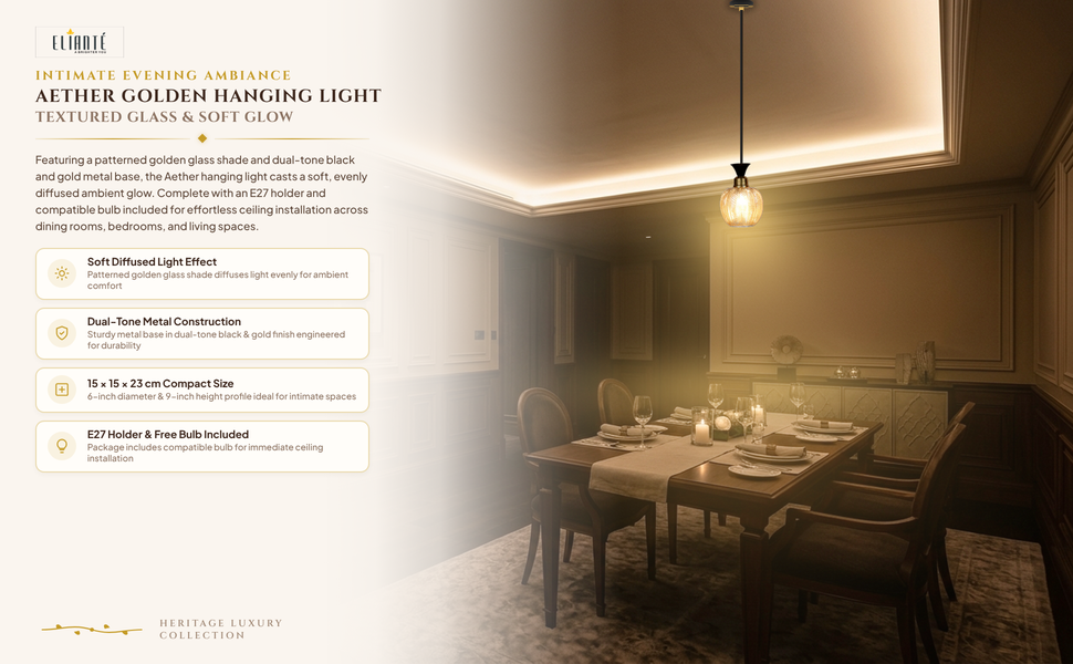 ELIANTE Aether Hanging Light with E27 Holder and Gold Glass Shade Ambiance Panel