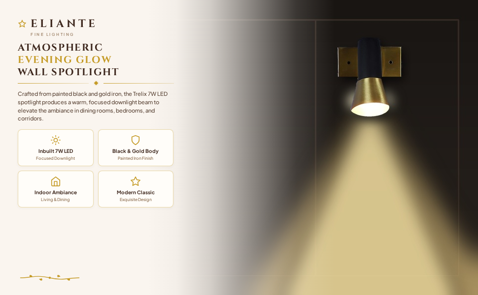 ELIANTE Trelix 7 Watt LED Black and Gold Iron Spot Light Ambiance Panel