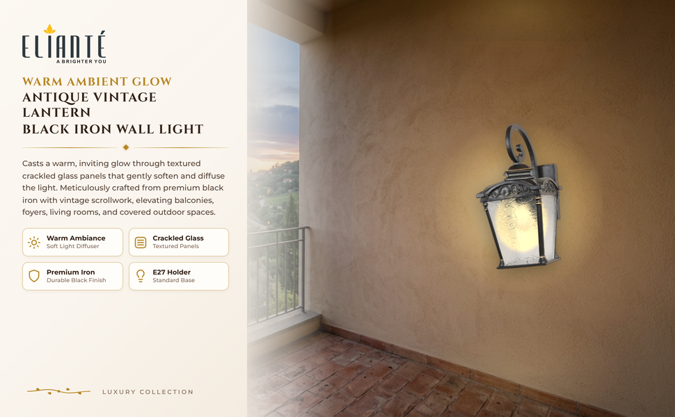 ELIANTE Antique Vintage Lantern Style Black Iron Wall Light for Balcony, Bedroom, Living Room and