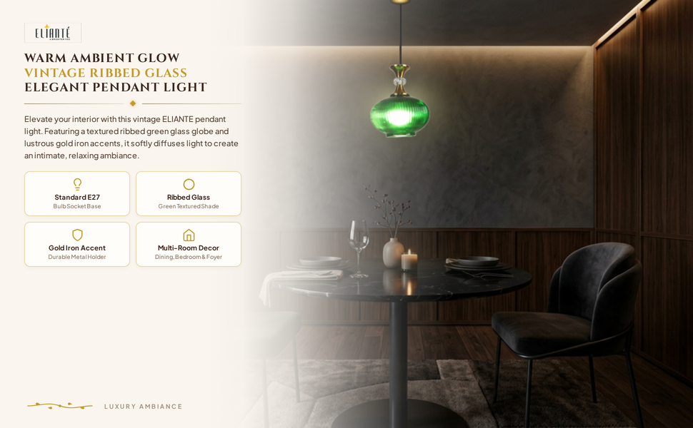 ELIANTE Vintage Ribbed Green Glass Hanging Light with Gold Iron Accent, Decorative Pendant Lamp for