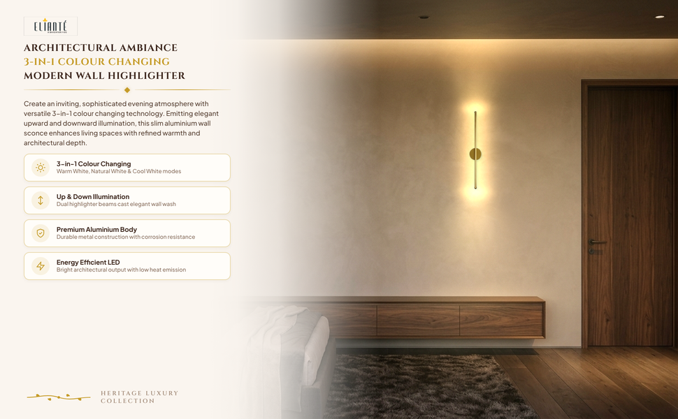 ELIANTE Modern Aluminium LED Wall Highlighter Light 3-in-1 Colour Changing (Warm/Natural/Cool