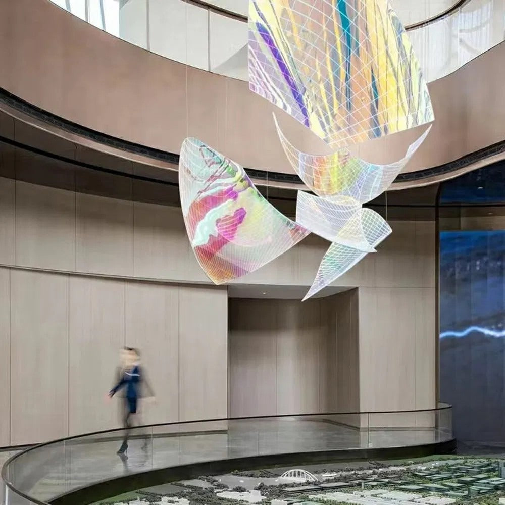 Mezzanine perspective showing the layered curved dichroic mesh sails suspended above a curved glass balustrade