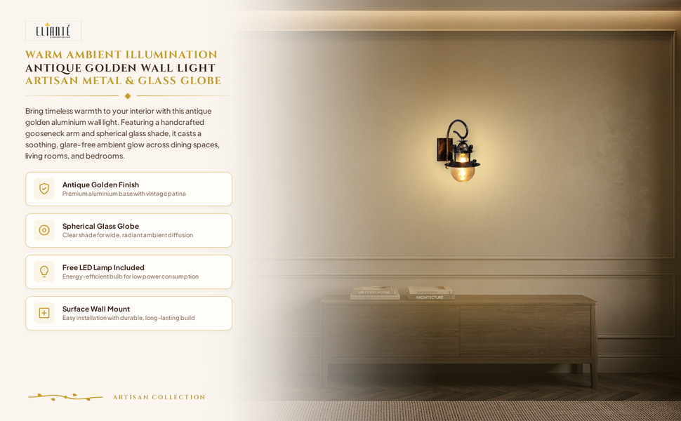 ELIANTE Aluminium Wall Light Golden Antique Design Wall Light for Dining, Bedroom,Living