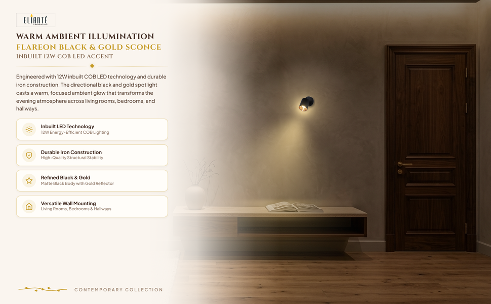 ELIANTE Flareon Black & Gold LED Wall Light with White Base Ambiance Panel