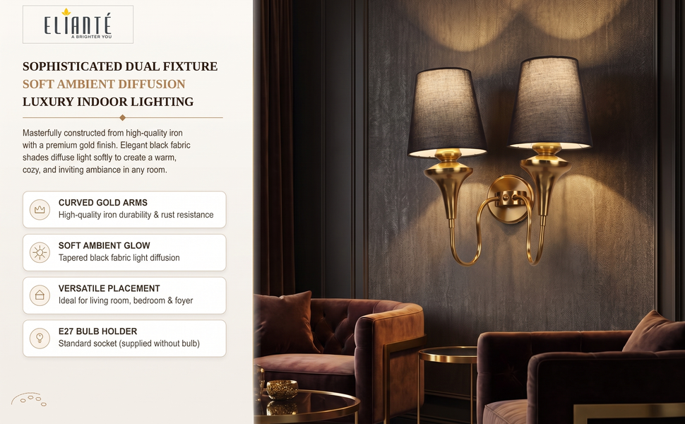 ELIANTE Modern Double Head Wall Light with Curved Gold Iron Body and Tapered Black Fabric Shades,