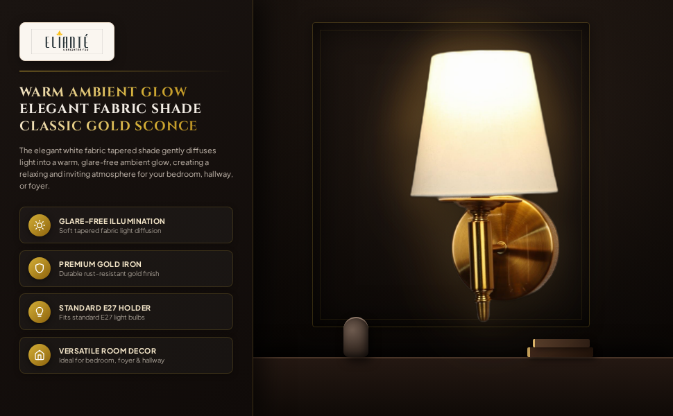 ELIANTE Modern Classic Wall Sconce Gold Iron Wall Light with Elegant White Fabric Shade for Living