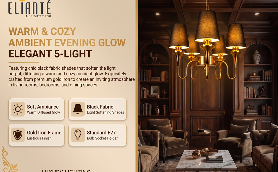 ELIANTE Elegant 5 Light Chandelier with Black Fabric Shades Modern Gold Iron Ceiling Hanging