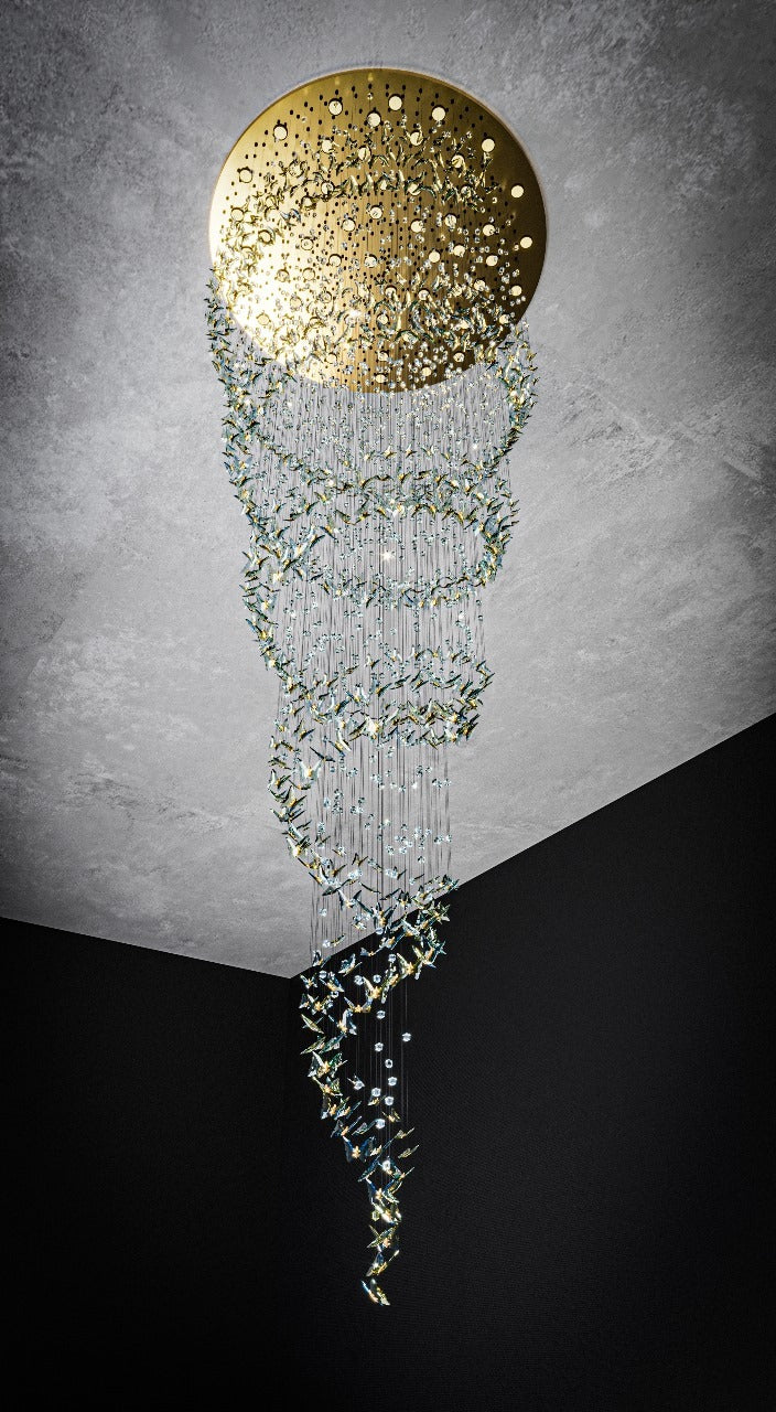 Our 3D design render of the crystal butterfly spiral chandelier with its mirror-gold ceiling plate