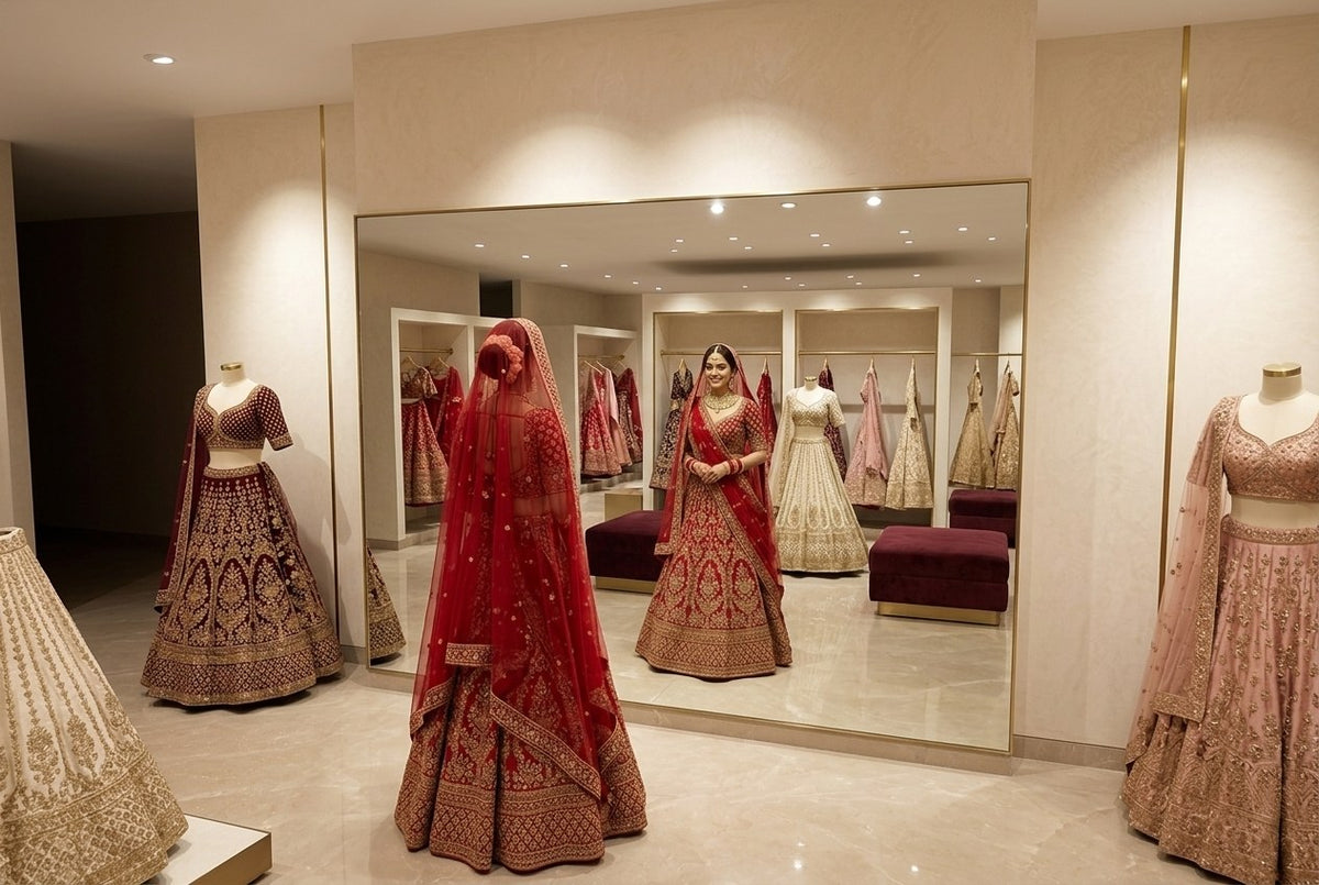 3D design visual – sales-floor mirror: light on the bride's face and lehenga, Aari Tari, Jaipur