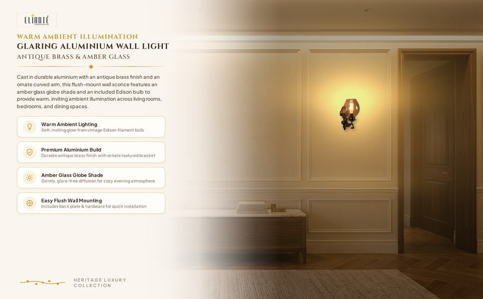 ELIANTE Glaring Aluminium Wall Light Antique Brass for Living Room, Bedroom, Dining Room, Kitchen