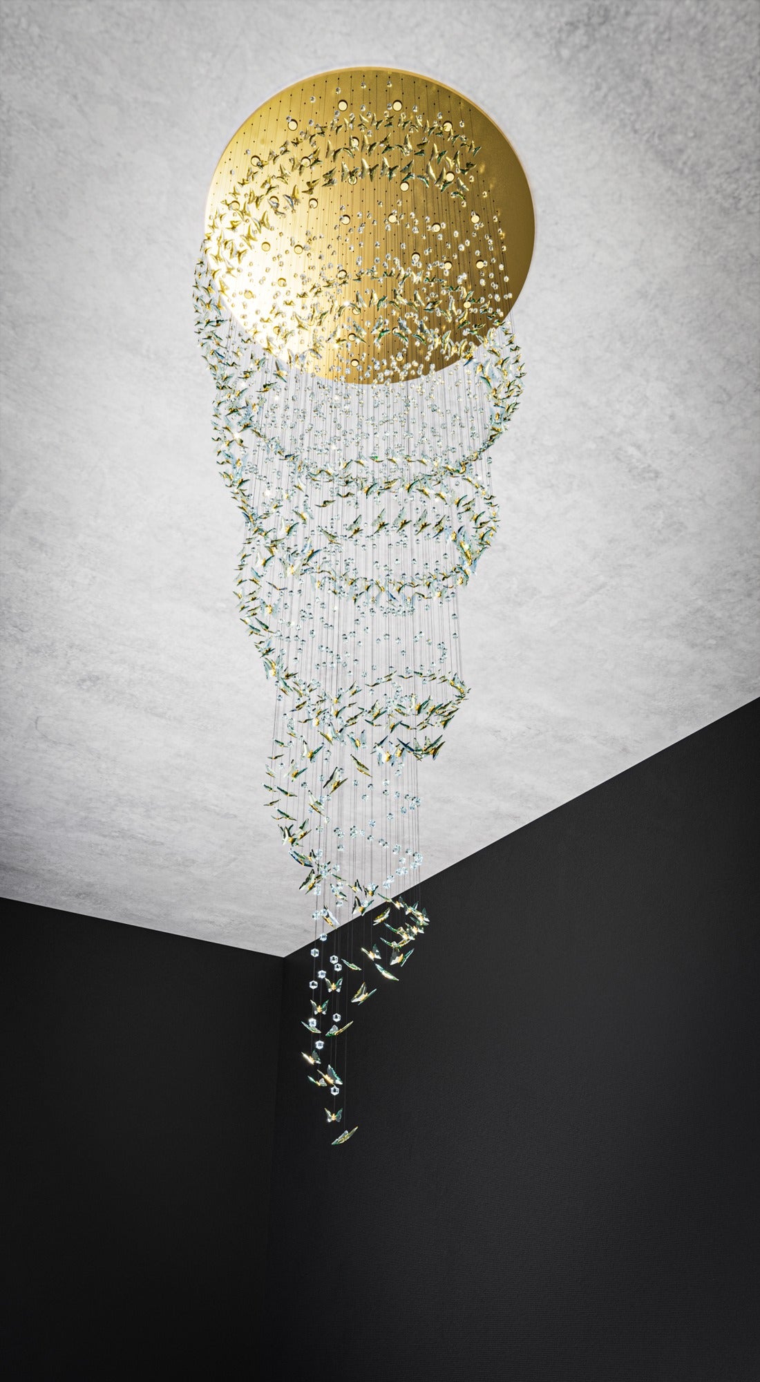 Design visual of the spiral crystal butterfly chandelier and gold canopy