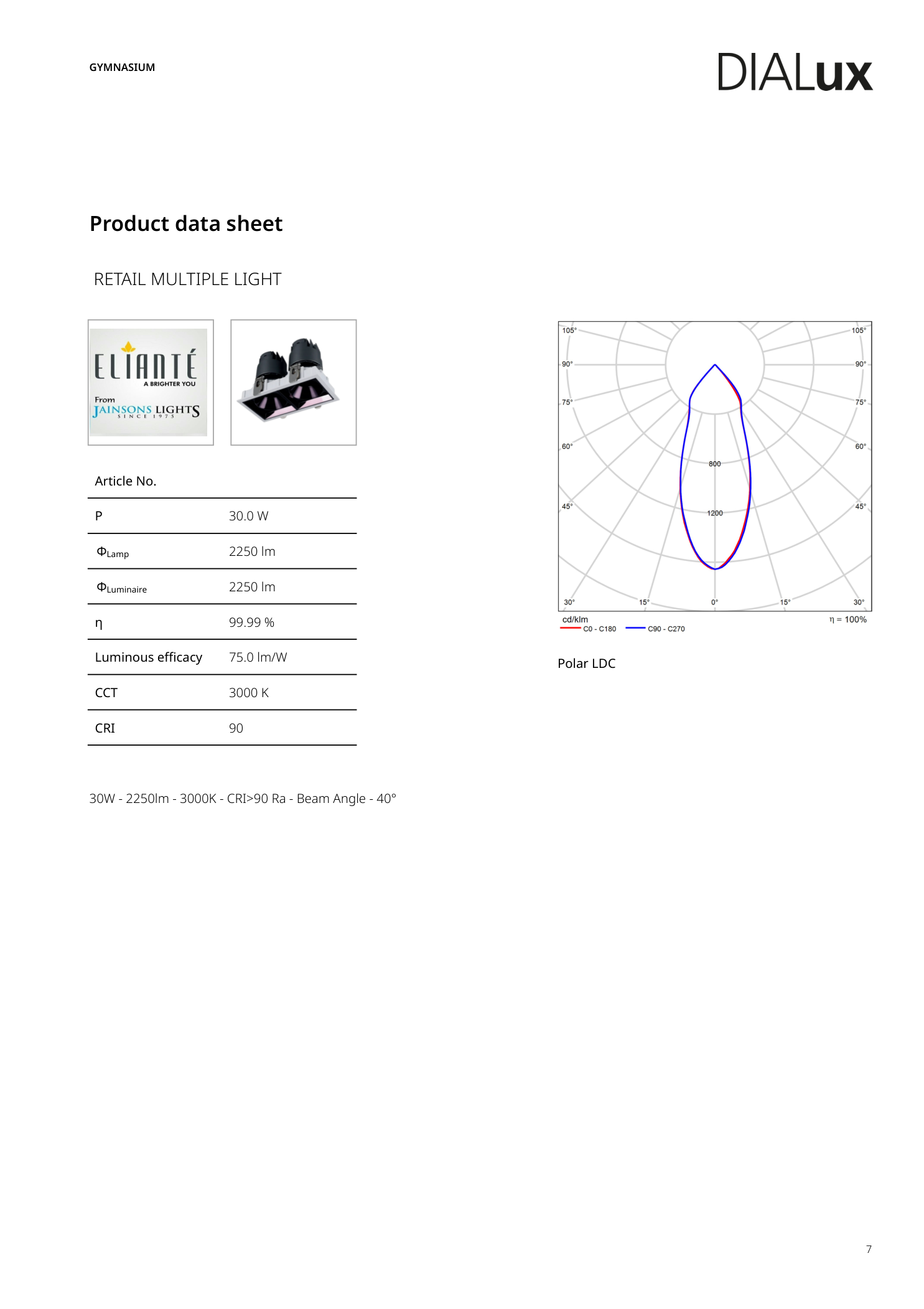 Eliante RETAIL MULTIPLE LIGHT 2x15W fixture spec sheet — 30W, 3000K, CRI 90, 40° beam