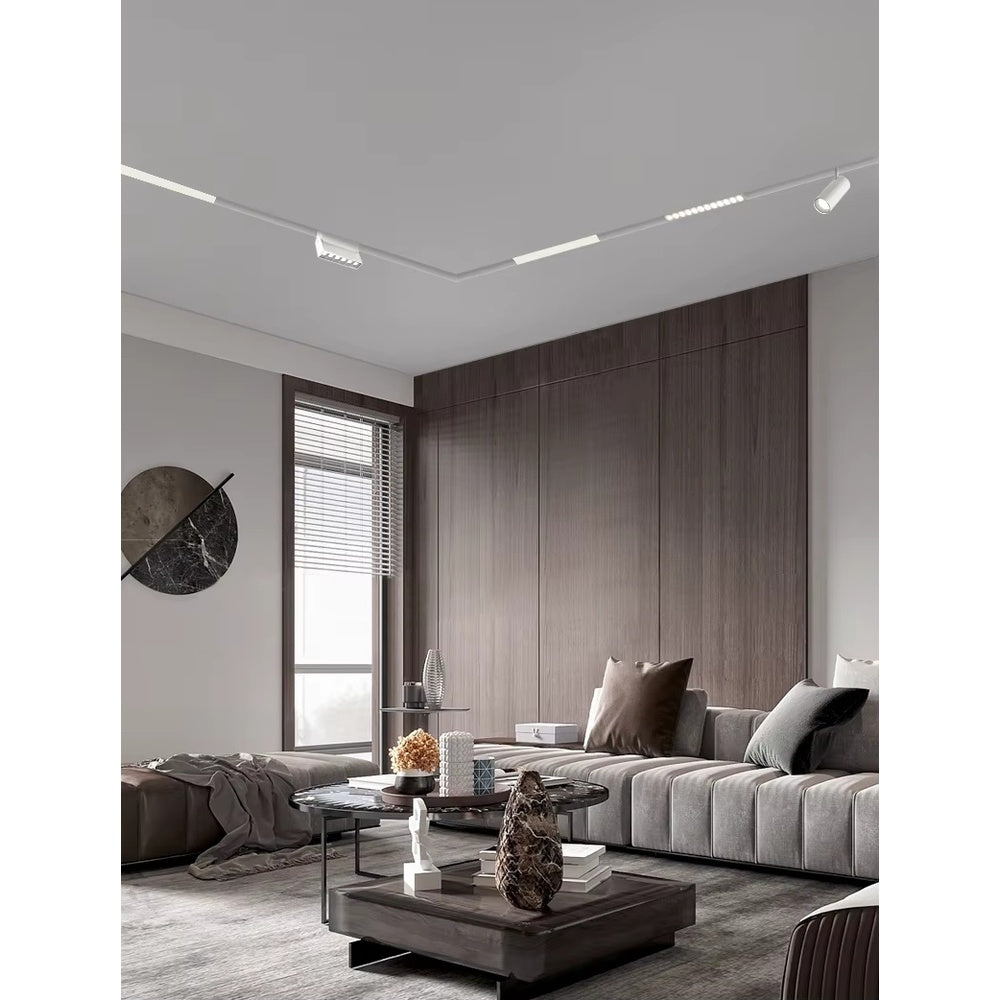 White FDS track installed in a modern living room — recessed flush ceiling