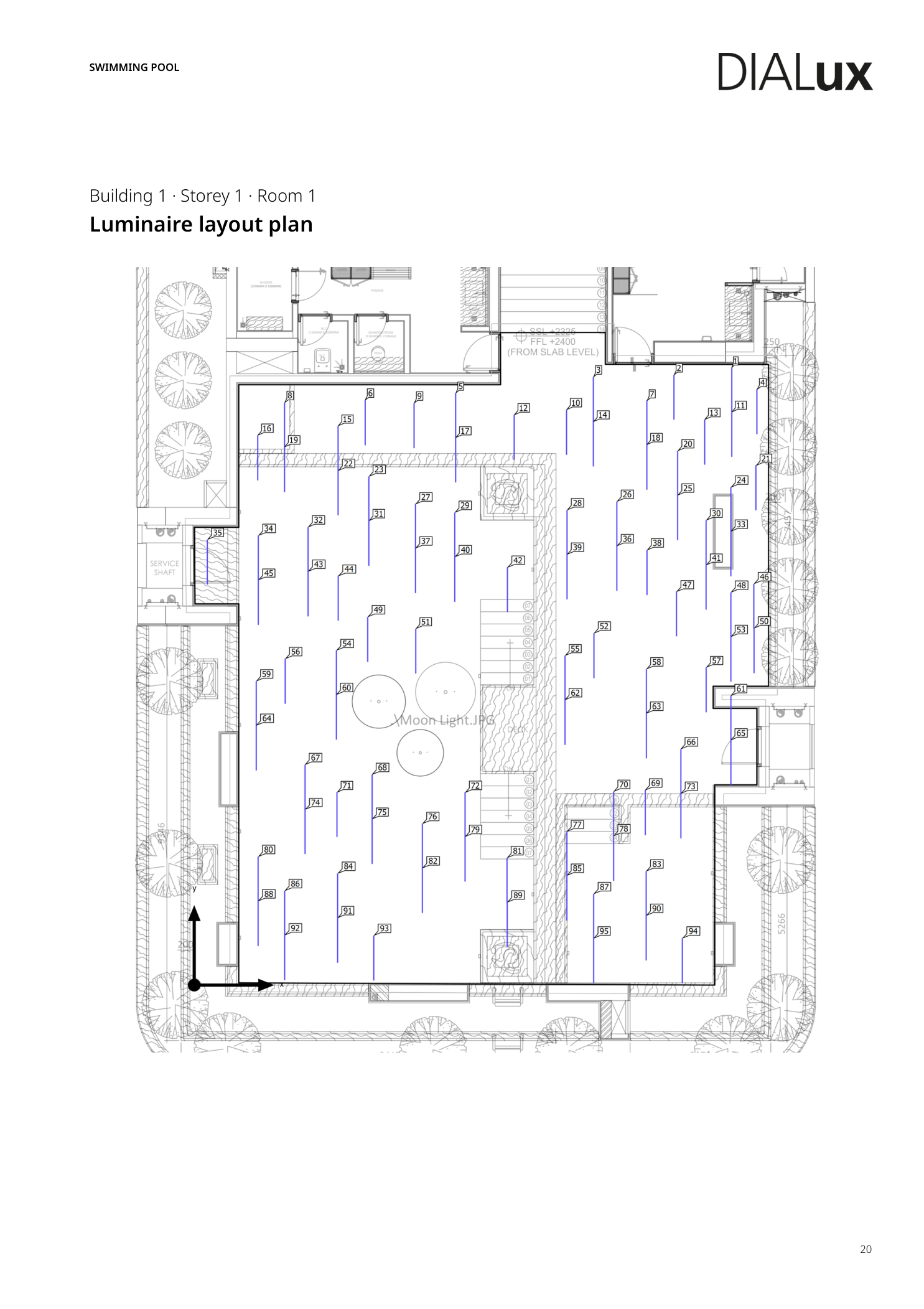 Unity Group Swimming Pool — Dialux luminaire layout plan showing fixture positions on the curved pool ceiling
