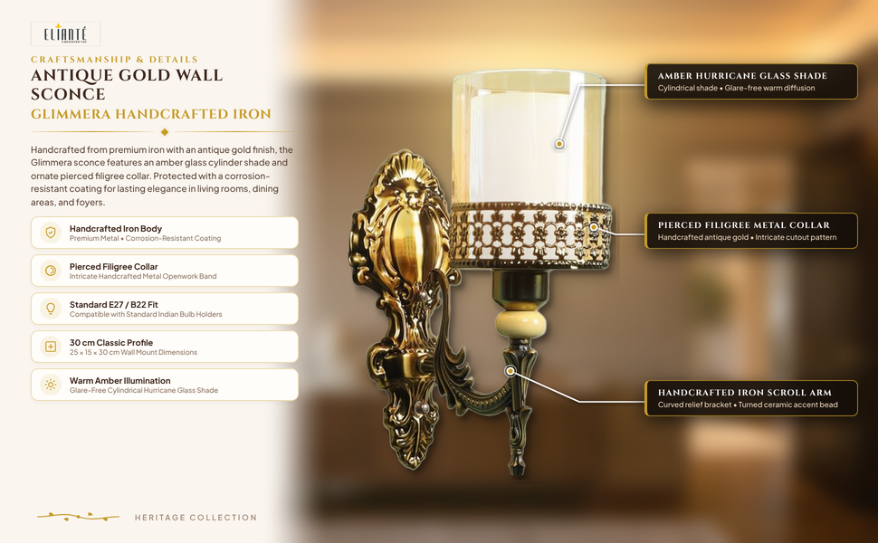 Glimmera Antique Gold Iron Wall Light construction detail