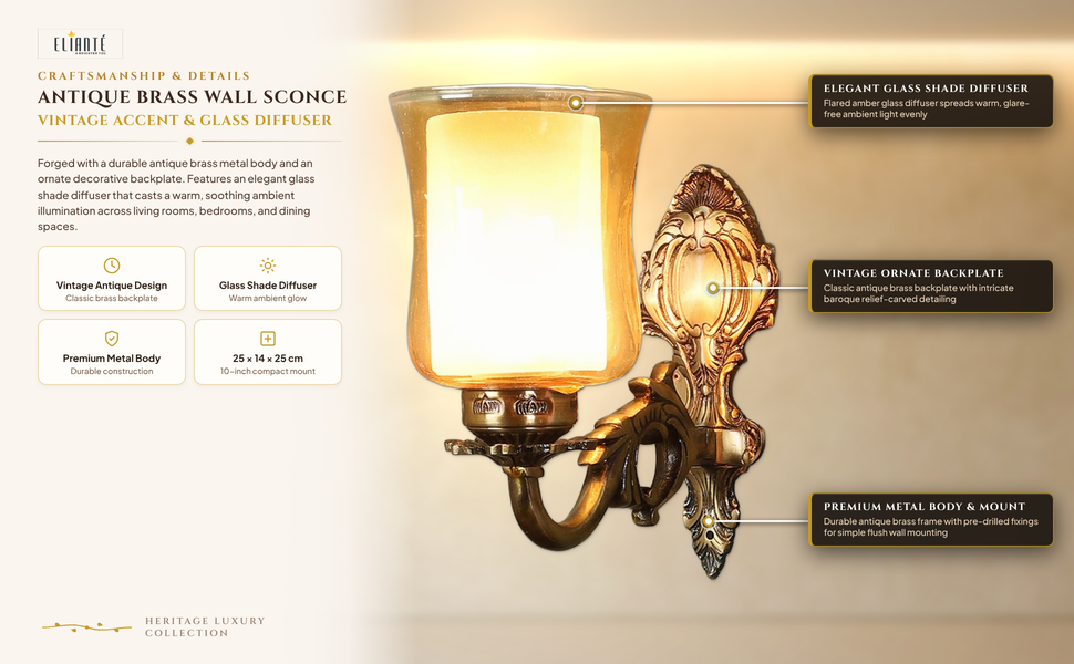 Antique Brass Metal Wall Light with Glass Shade – Vintage Decorative Wall Lamp for Living Room