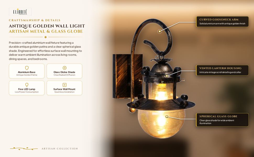 Aluminium Wall Light Golden Antique Design Wall Light for Dining, Bedroom,Living Room,Restaurants
