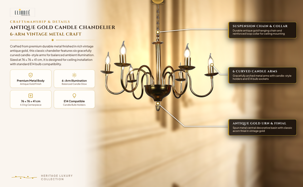 Antique Gold Metal Candle Chandelier Light – 6 Arm Vintage Ceiling Hanging Chandelier for Living
