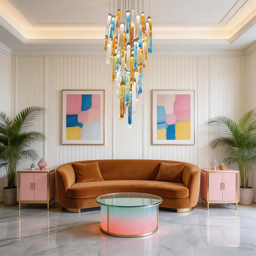 Symmetrical living room view featuring the tapered amber and blue art glass prism chandelier over a velvet sofa