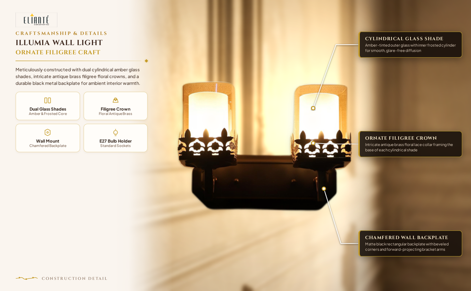 Illumia Wall Light with Black & Gold Glass Shade construction detail