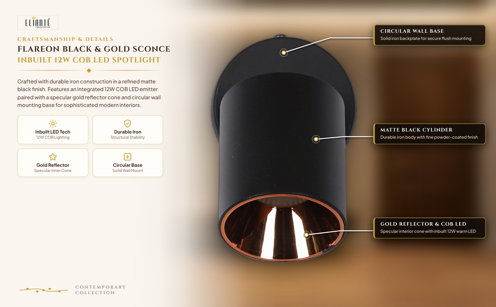 Flareon Black & Gold LED Wall Light with White Base construction detail