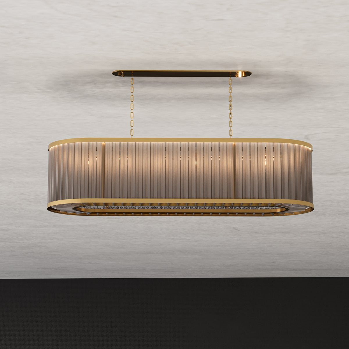 Design visual of the front elevation of the oval brass and fluted crystal rod chandelier with warm internal illumination