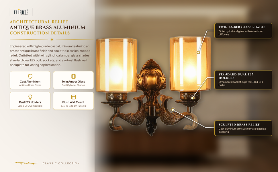 Astouding Antique Brass Aluminium Wall Light - Js-1213-2W construction detail