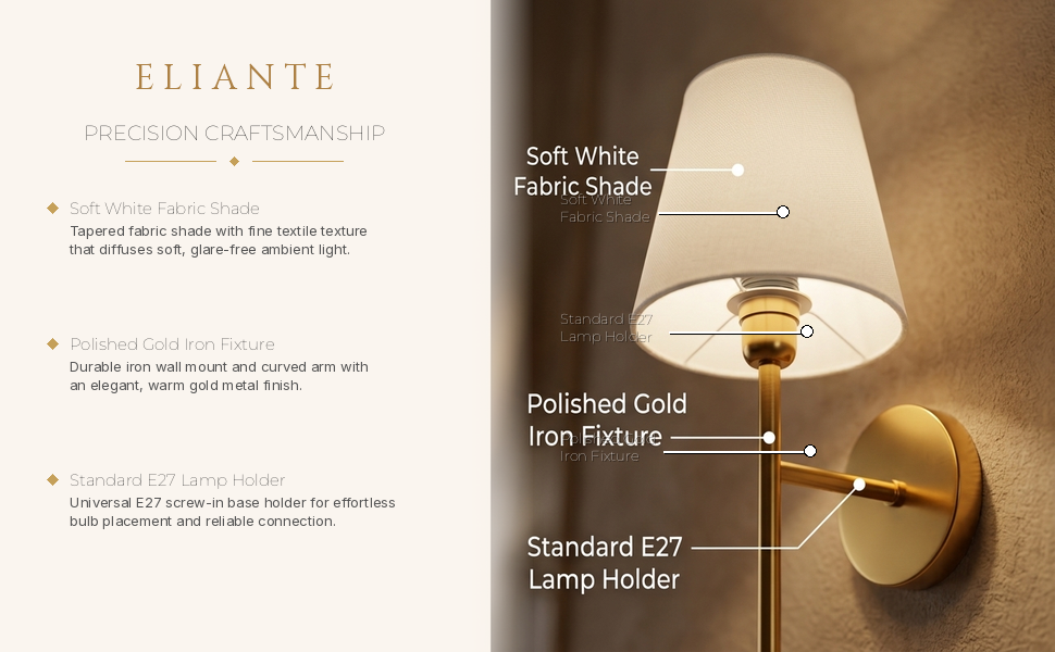 Celesta Gold Wall Light with White Fabric Shade construction detail