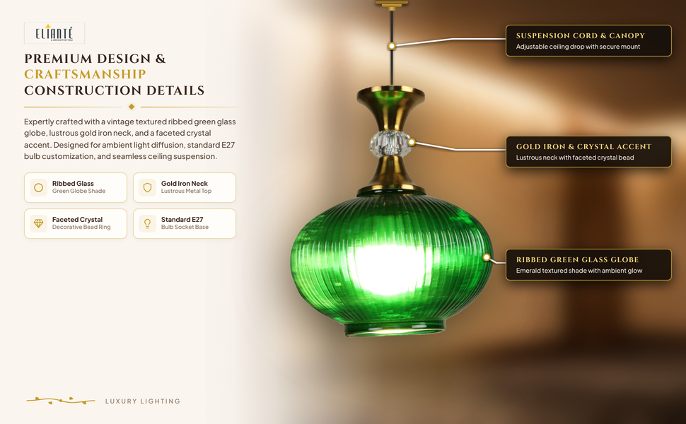 Vintage Ribbed Green Glass Hanging Light with Gold Iron Accent, Decorative Pendant Lamp for Living