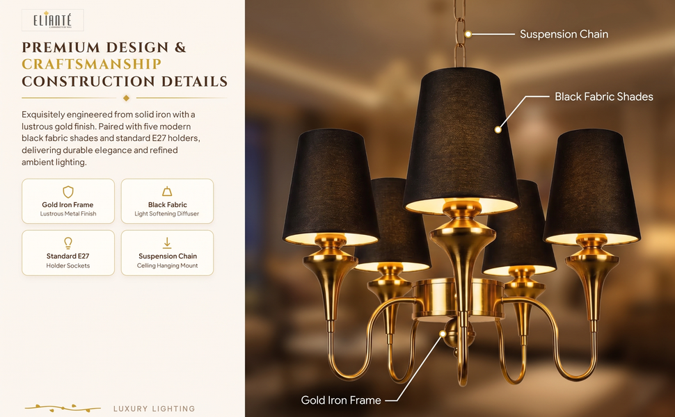 Elegant 5 Light Chandelier with Black Fabric Shades Modern Gold Iron Ceiling Hanging Pendant Light