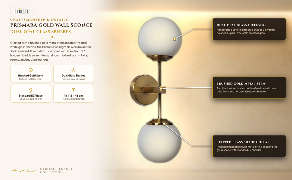 Prismara Gold Wall Light with White Glass Shade construction detail