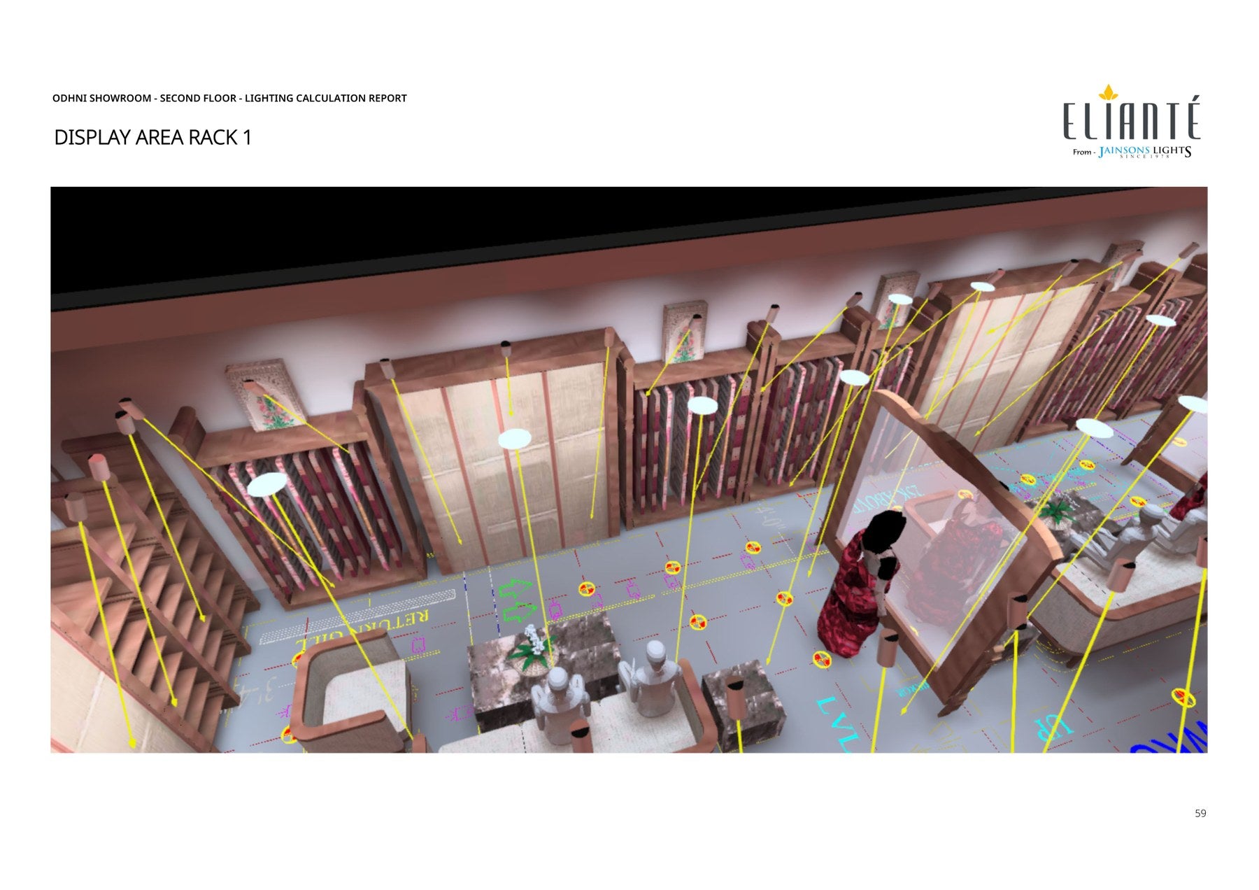 Odhni Sarees — interior aiming view, rack-by-rack vertical illuminance engineered in Dialux