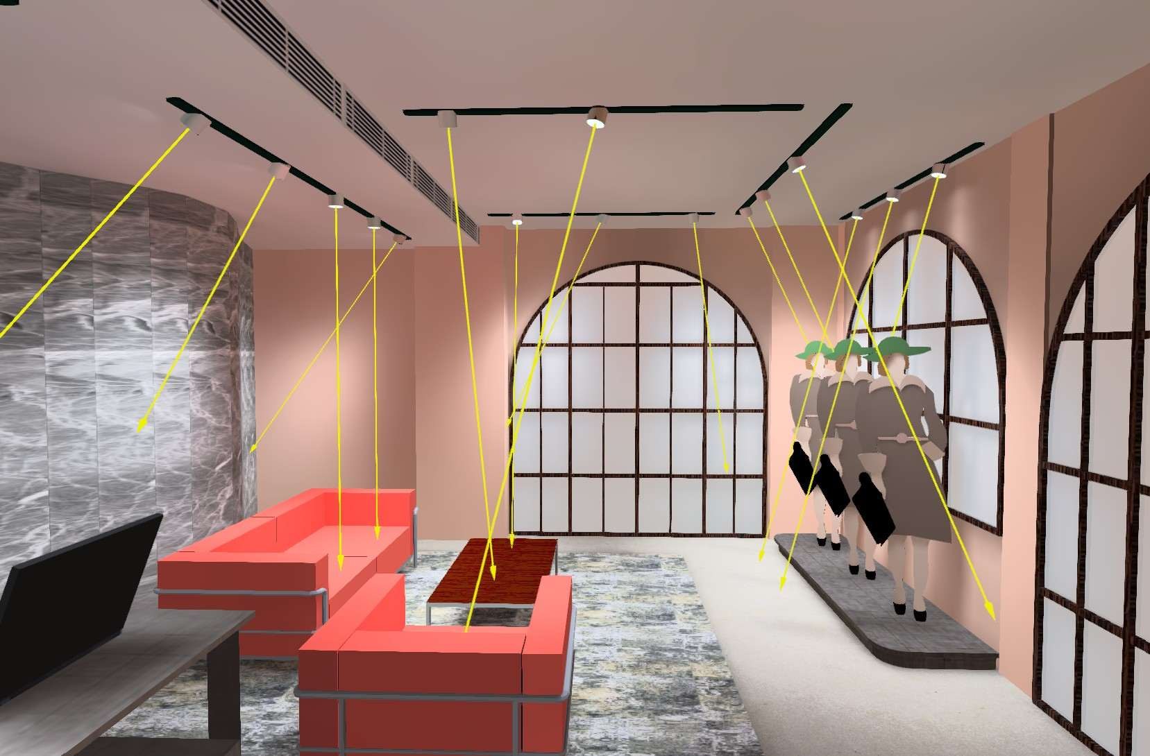 Tulips by Satyabhama — Ground floor aiming view (every fixture beam direction documented)