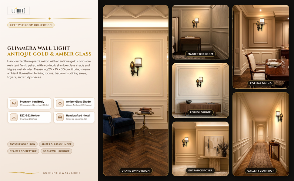 ELIANTE Glimmera Antique Gold Iron Wall Light Room Lifestyle Grid
