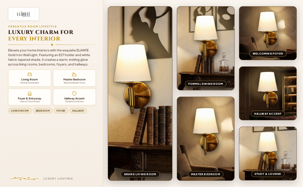 ELIANTE Modern Classic Wall Sconce Gold Iron Wall Light with Elegant White Fabric Shade for Living
