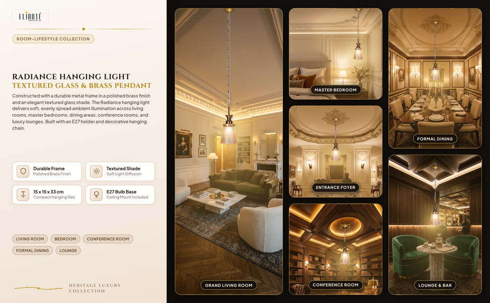 ELIANTE Radiance Hanging Light with E27 Holder and Shade Room Lifestyle Grid