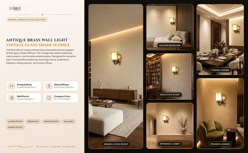 ELIANTE Antique Brass Metal Wall Light with Glass Shade – Vintage Decorative Wall Lamp for Living