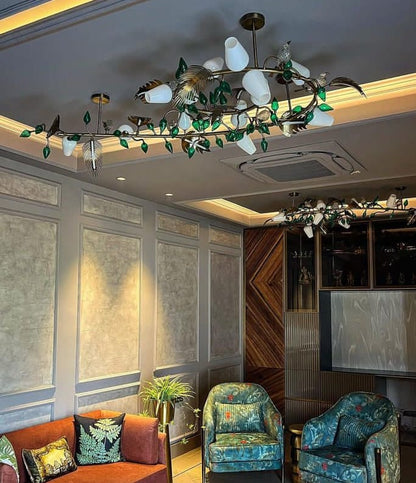 Emerald & Amber Glass Leaf Wreath Chandelier – A Statement Piece for Double-Height Lobbies