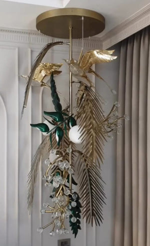 Emerald & Amber Glass Leaf Wreath Chandelier – A Statement Piece for Double-Height Lobbies