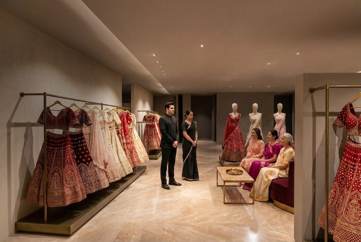 3D design visual – main aisle: lehenga rails brighter than the walkway, Aari Tari, Jaipur