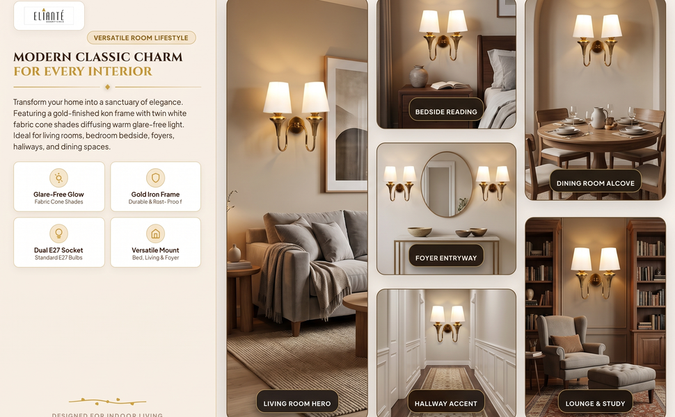 ELIANTE Modern Classic Double Shade Gold Iron Wall Light for Living Room, Bedroom and Foyer, E27