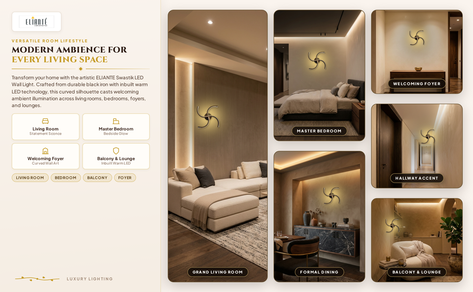 ELIANTE Modern Swastik Design Black Iron Wall Light for Living Room, Bedroom, Balcony, Foyer,