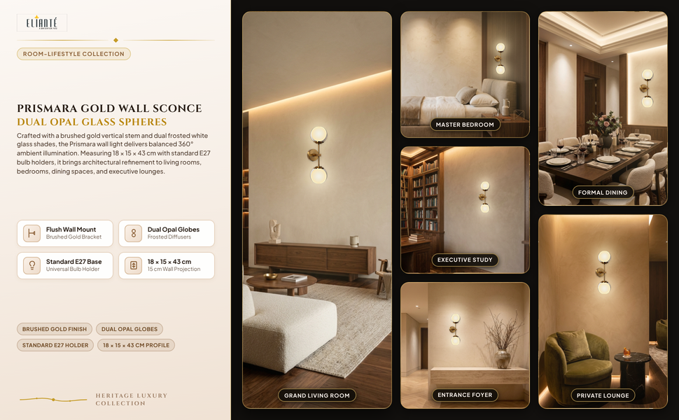 ELIANTE Prismara Gold Wall Light with White Glass Shade Room Lifestyle Grid