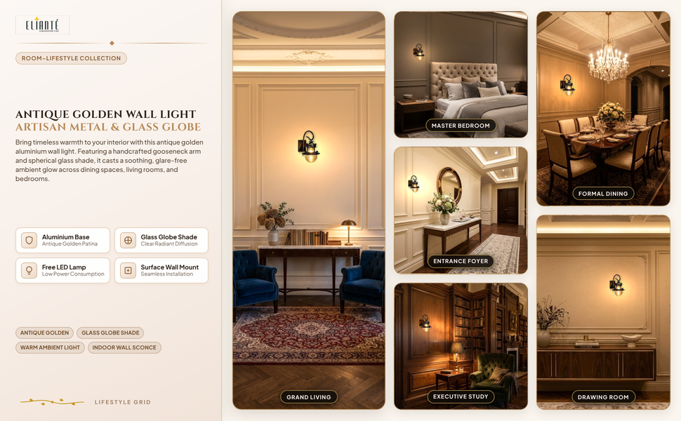 ELIANTE Aluminium Wall Light Golden Antique Design Wall Light for Dining, Bedroom,Living