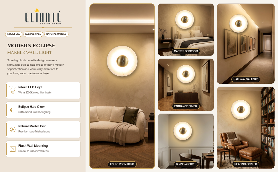 ELIANTE Modern Circular Eclipse Black Iron Wall Light for Living Room Bedroom and Foyer with