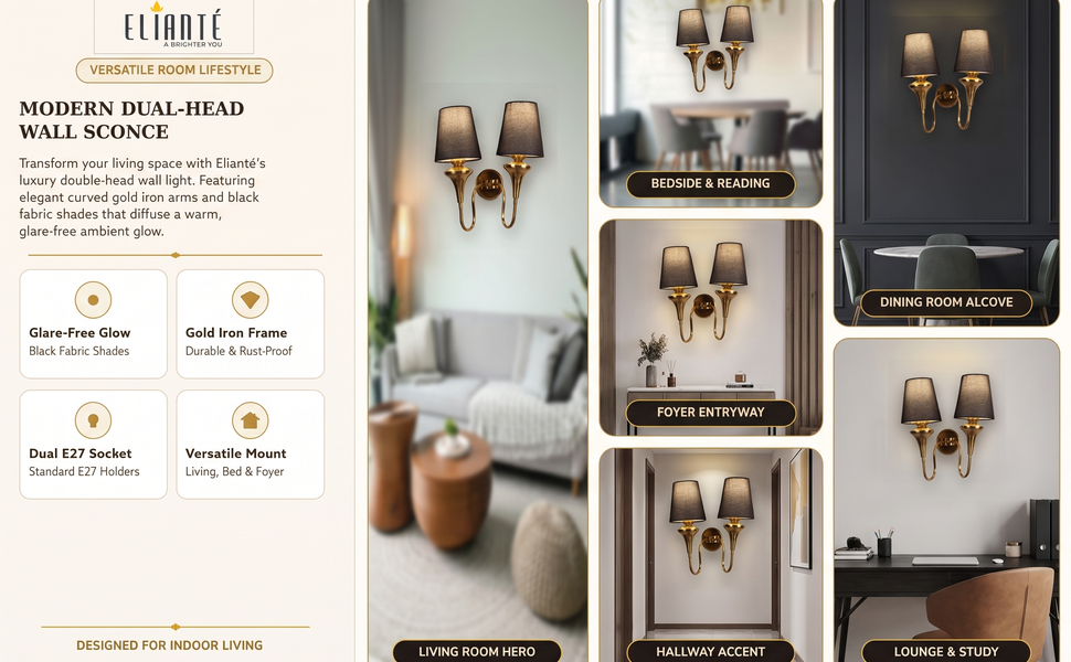 ELIANTE Modern Double Head Wall Light with Curved Gold Iron Body and Tapered Black Fabric Shades,