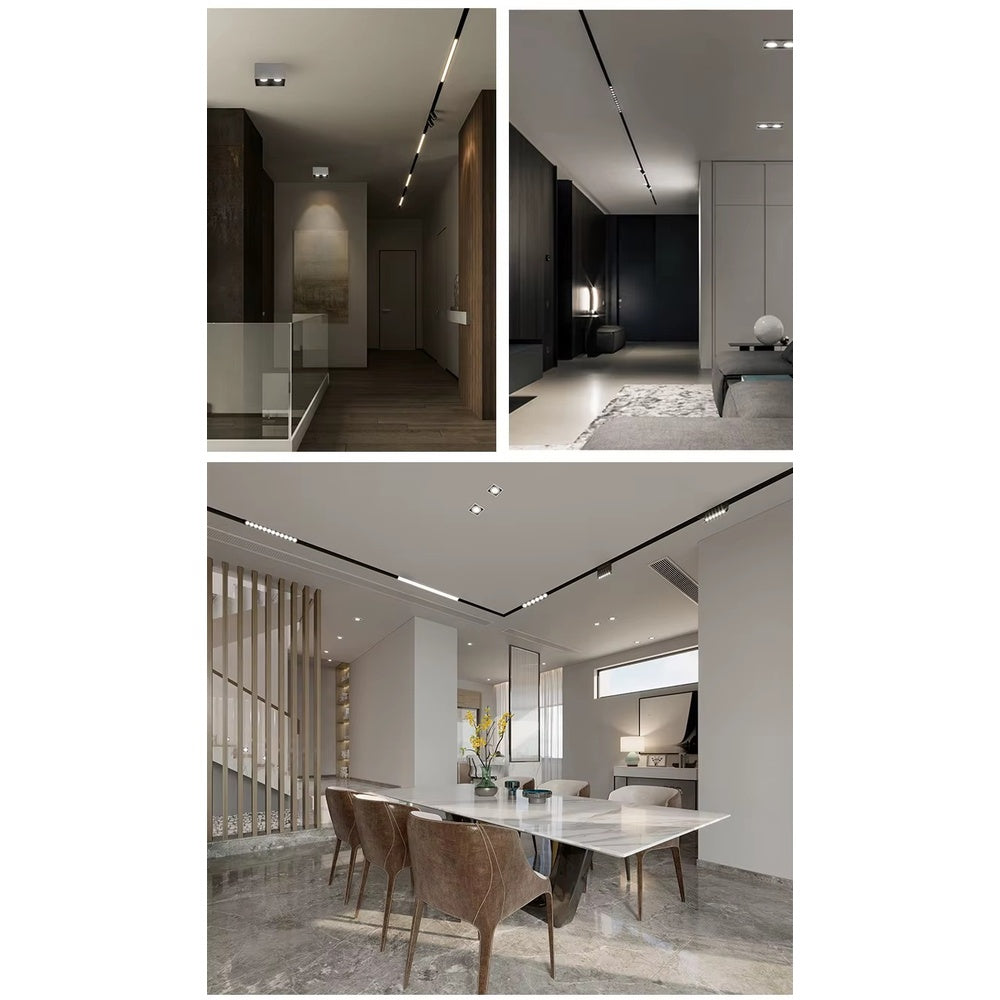 Installation examples — hallway, dark interior, dining area