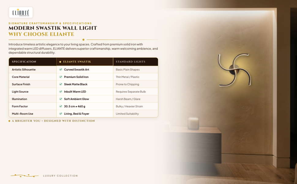 Modern Swastik Design Black Iron Wall Light for Living Room, Bedroom, Balcony, Foyer, Inbuilt Led